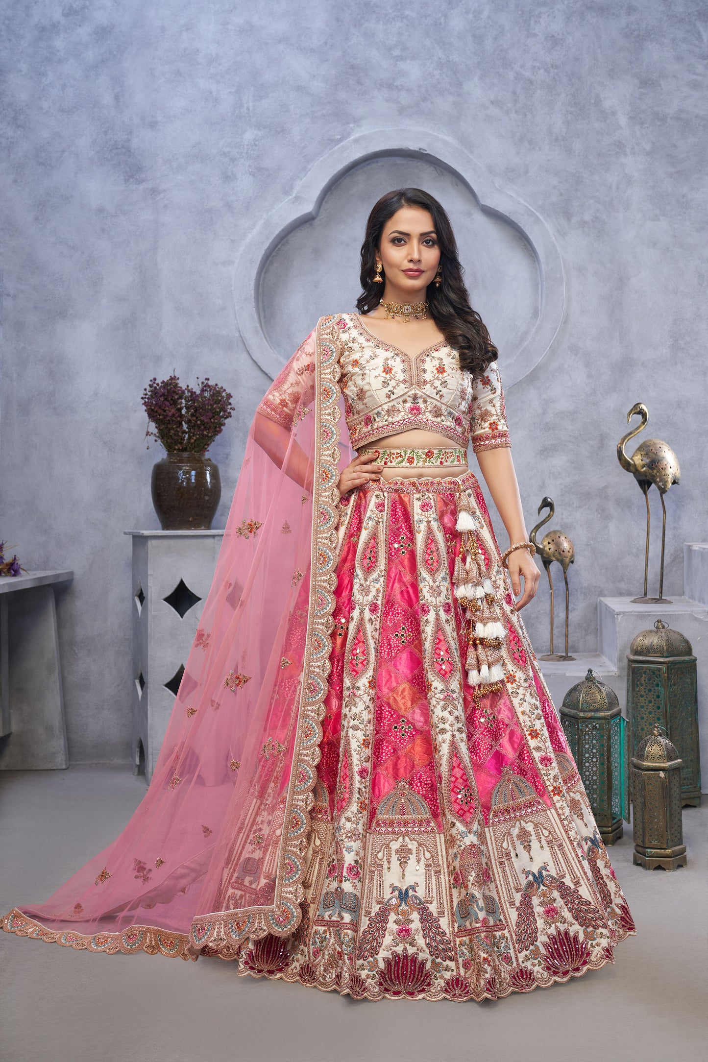 Ivory Bridal Lehenga With Temple Motifs, Peacock Designs & Bandhej Jacquard Patches