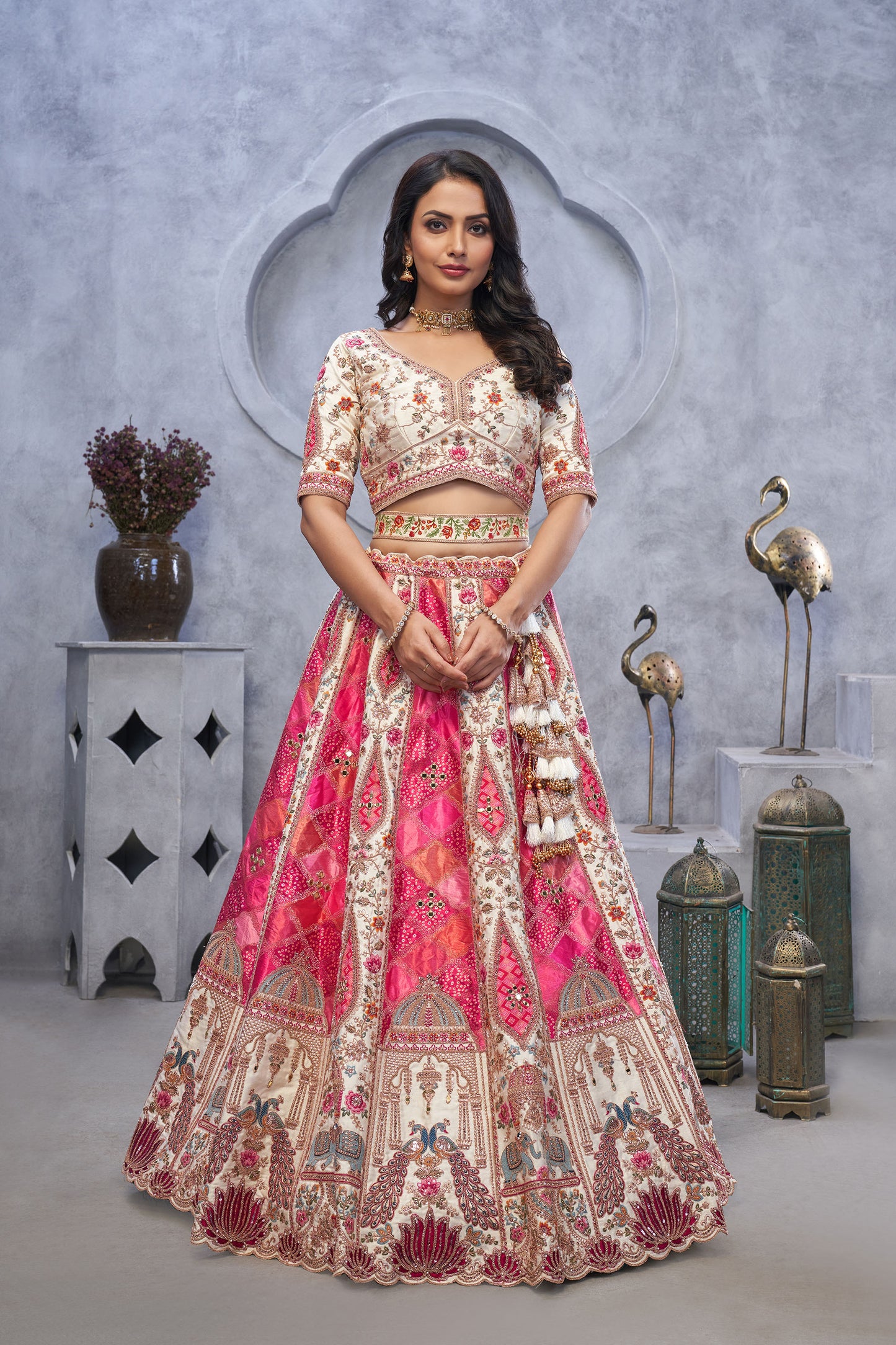Ivory Bridal Lehenga With Temple Motifs, Peacock Designs & Bandhej Jacquard Patches