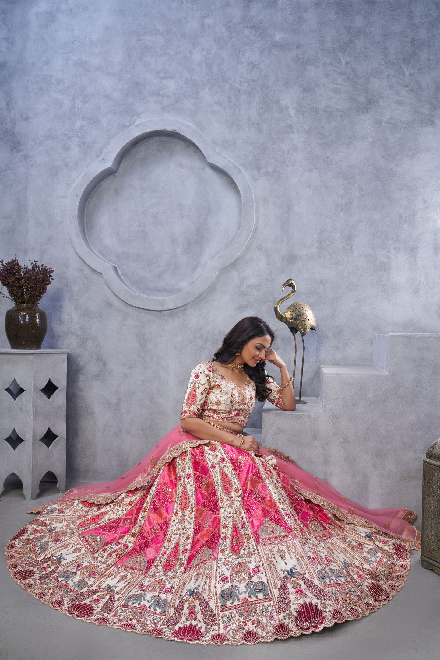 Ivory Bridal Lehenga With Temple Motifs, Peacock Designs & Bandhej Jacquard Patches