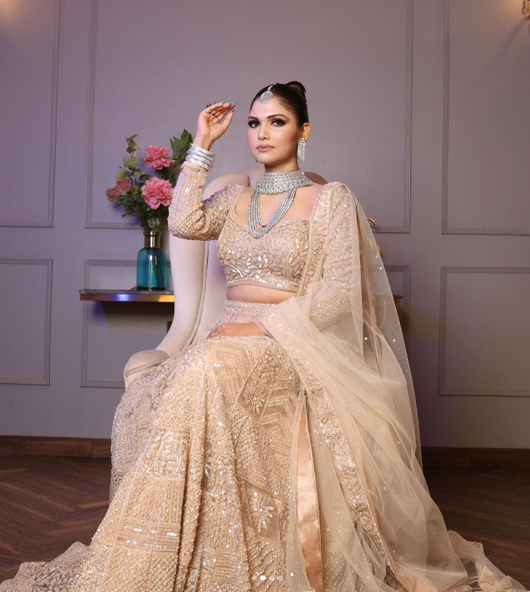 Gold Color Net Sequins Embellished Bridal Lehenga Set