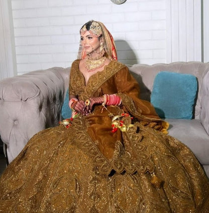 Brown Raw Silk With Heavy Embroidery  Bridal Lehenga