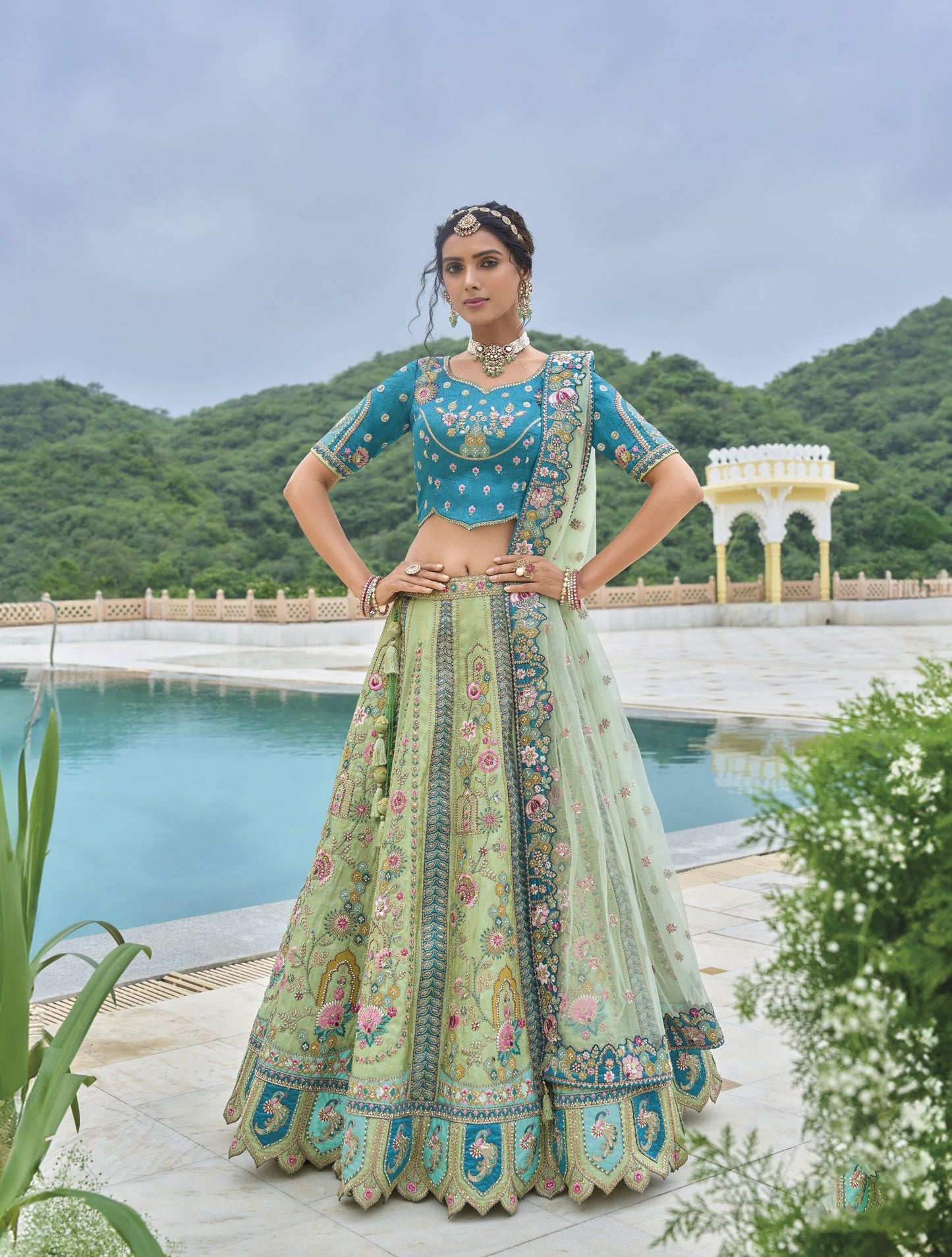 Green and Blue Sequins and Floral Embroidery Silk Bridesmaid Lehenga