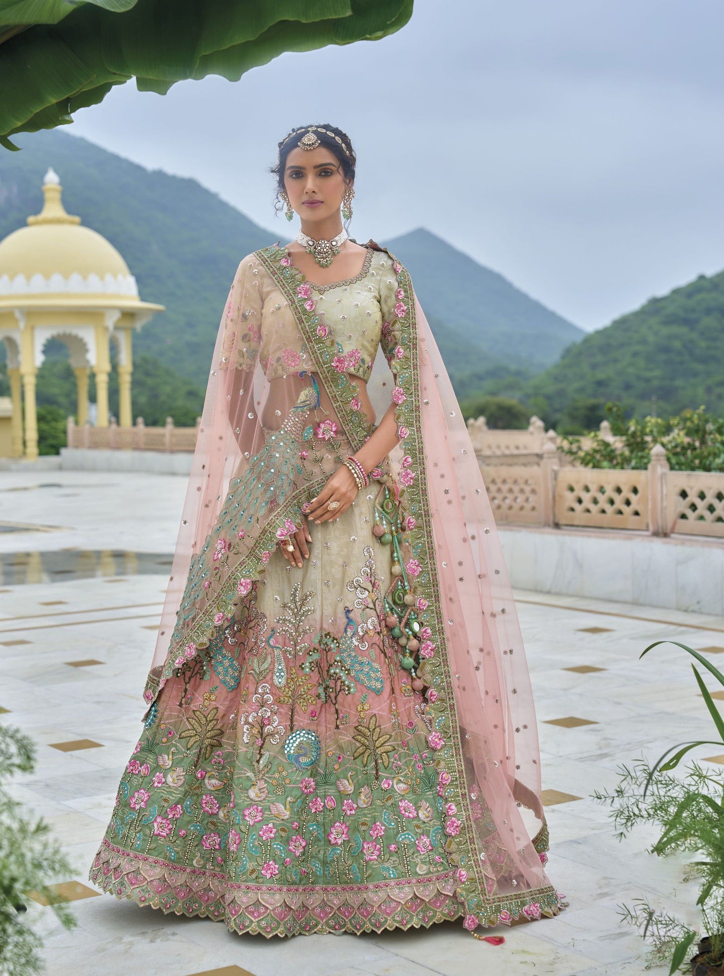 Green and Cream Sequins Embroidery Silk Bridal Lehenga