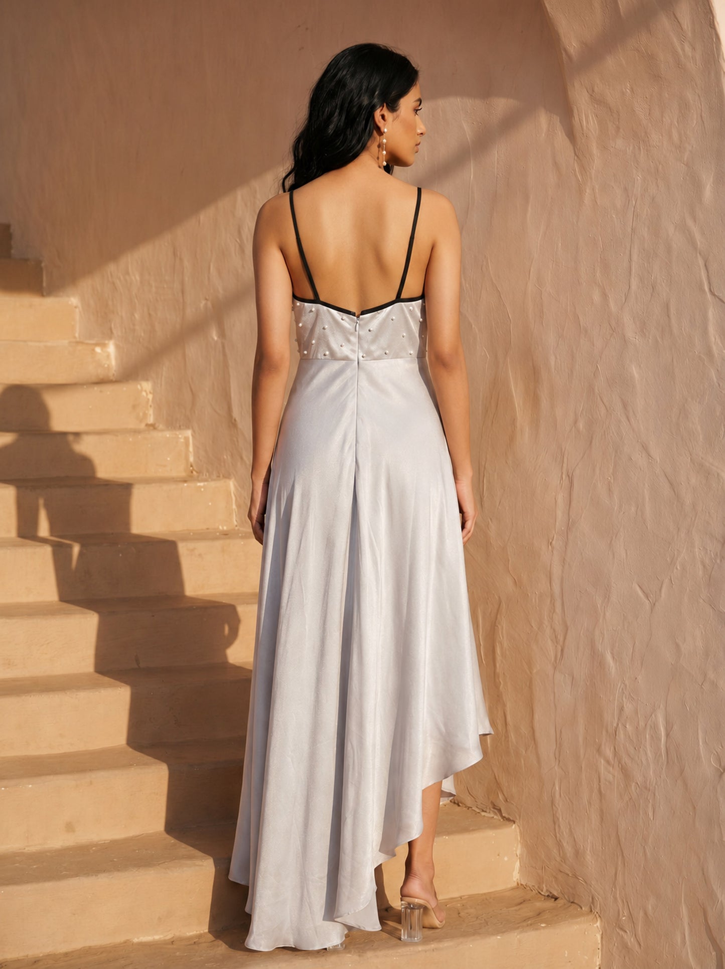 Silver Grey Chinon Pearl Hand Work Party Wear Asymmentrical Dress
