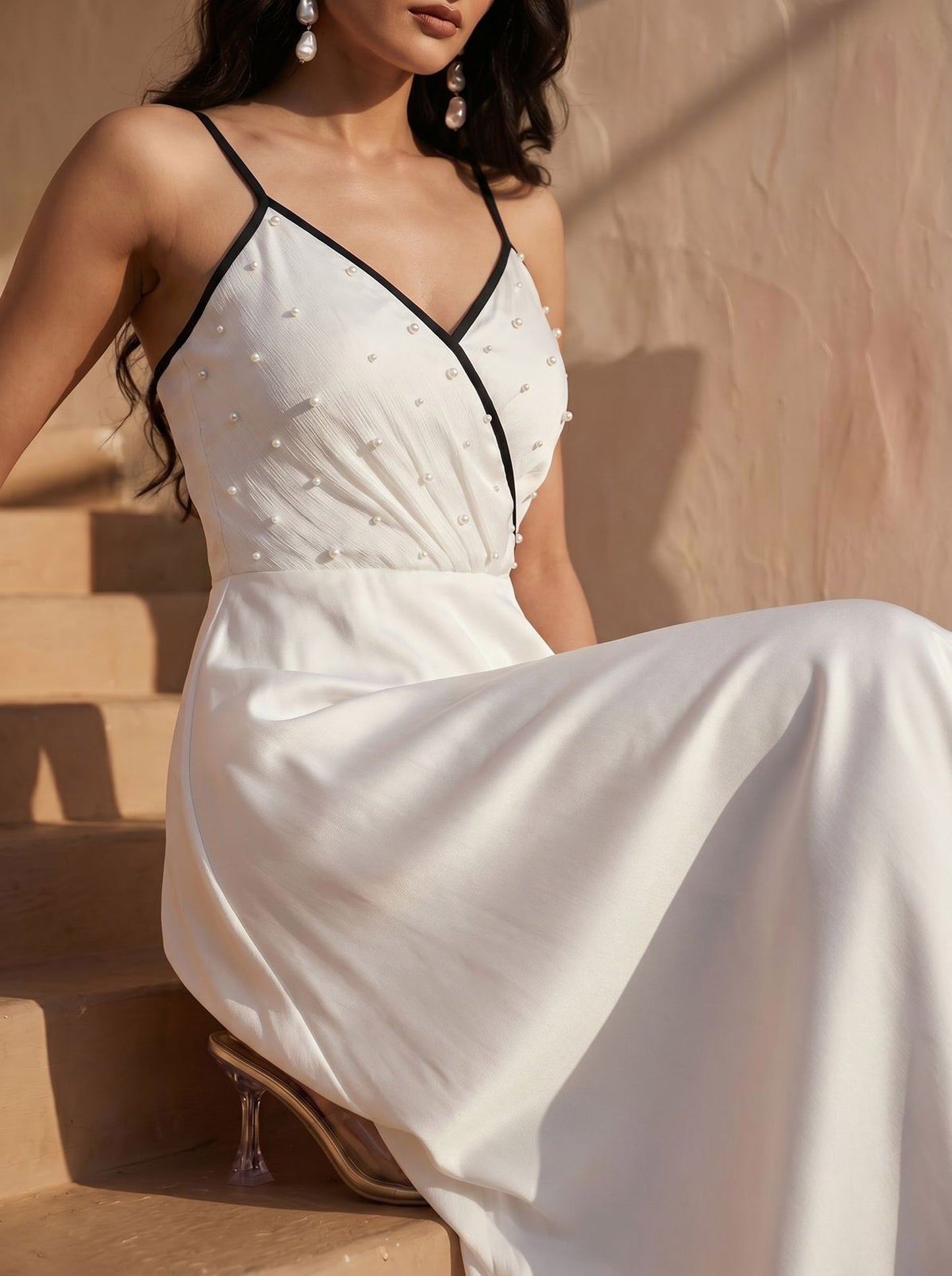 Silver Grey Chinon Pearl Hand Work Party Wear Asymmentrical Dress