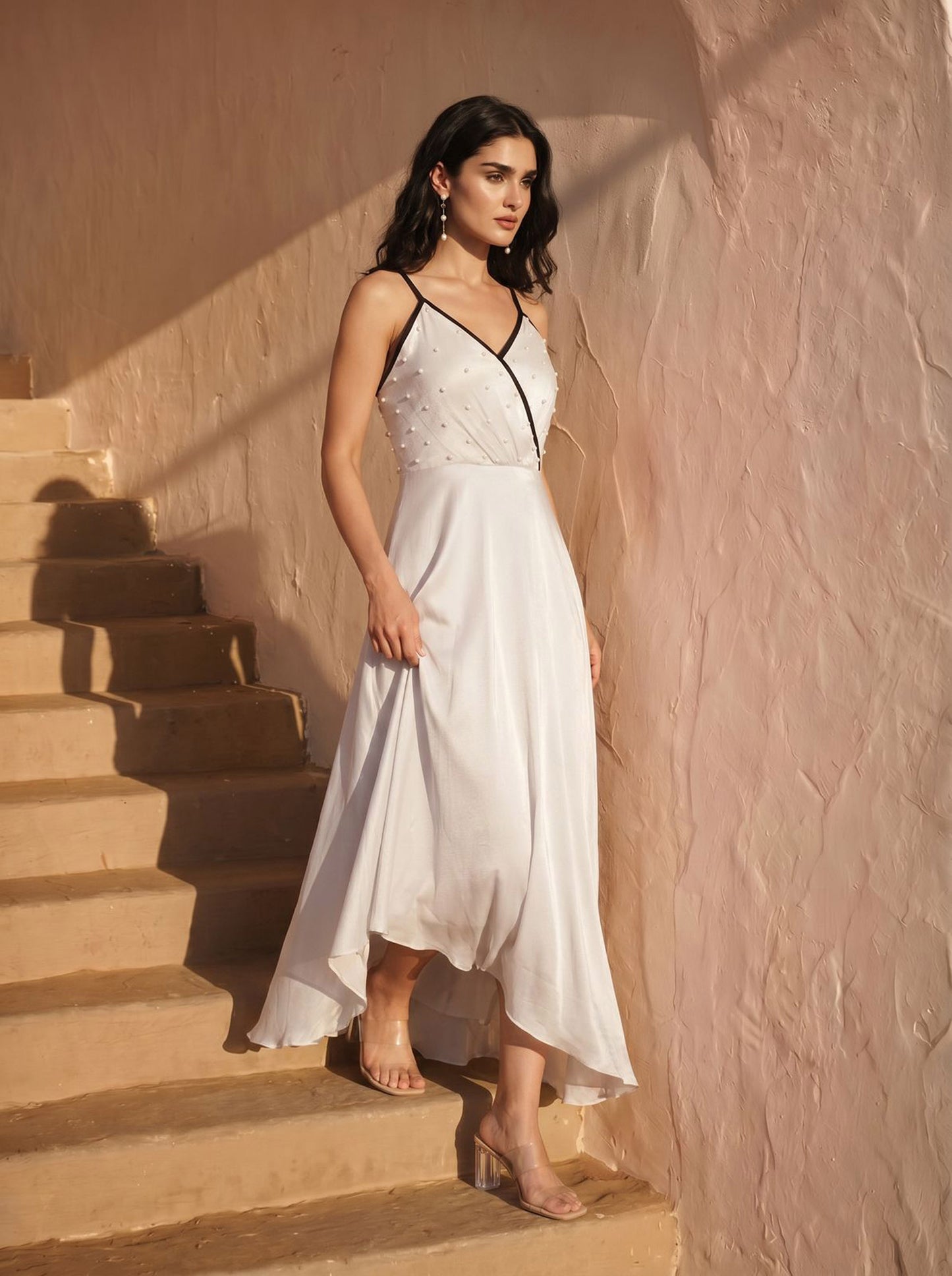 Silver Grey Chinon Pearl Hand Work Party Wear Asymmentrical Dress
