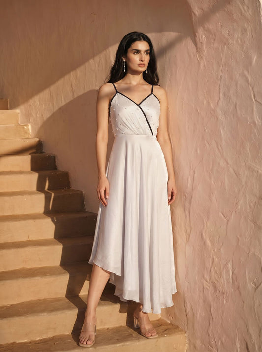 Silver Grey Chinon Pearl Hand Work Party Wear Asymmentrical Dress