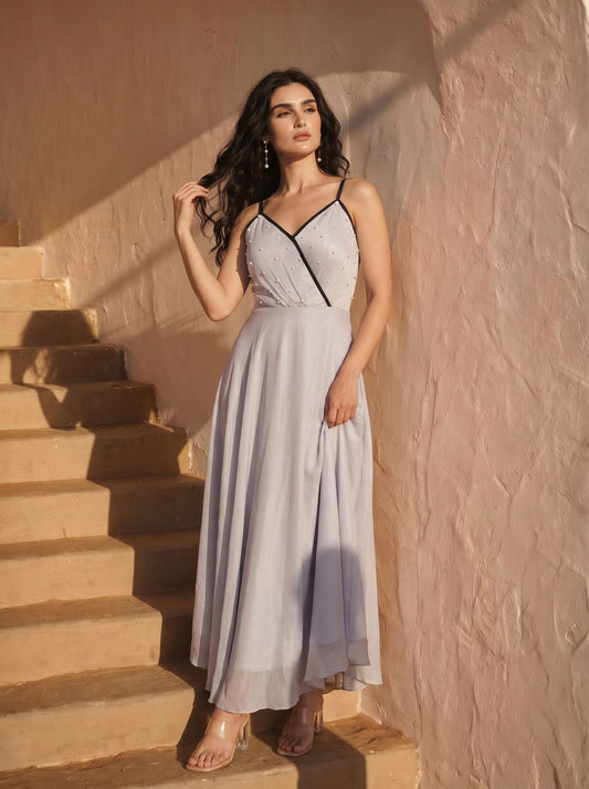 Silver Grey Chinon Pearl Hand Work Party Wear Asymmentrical Dress