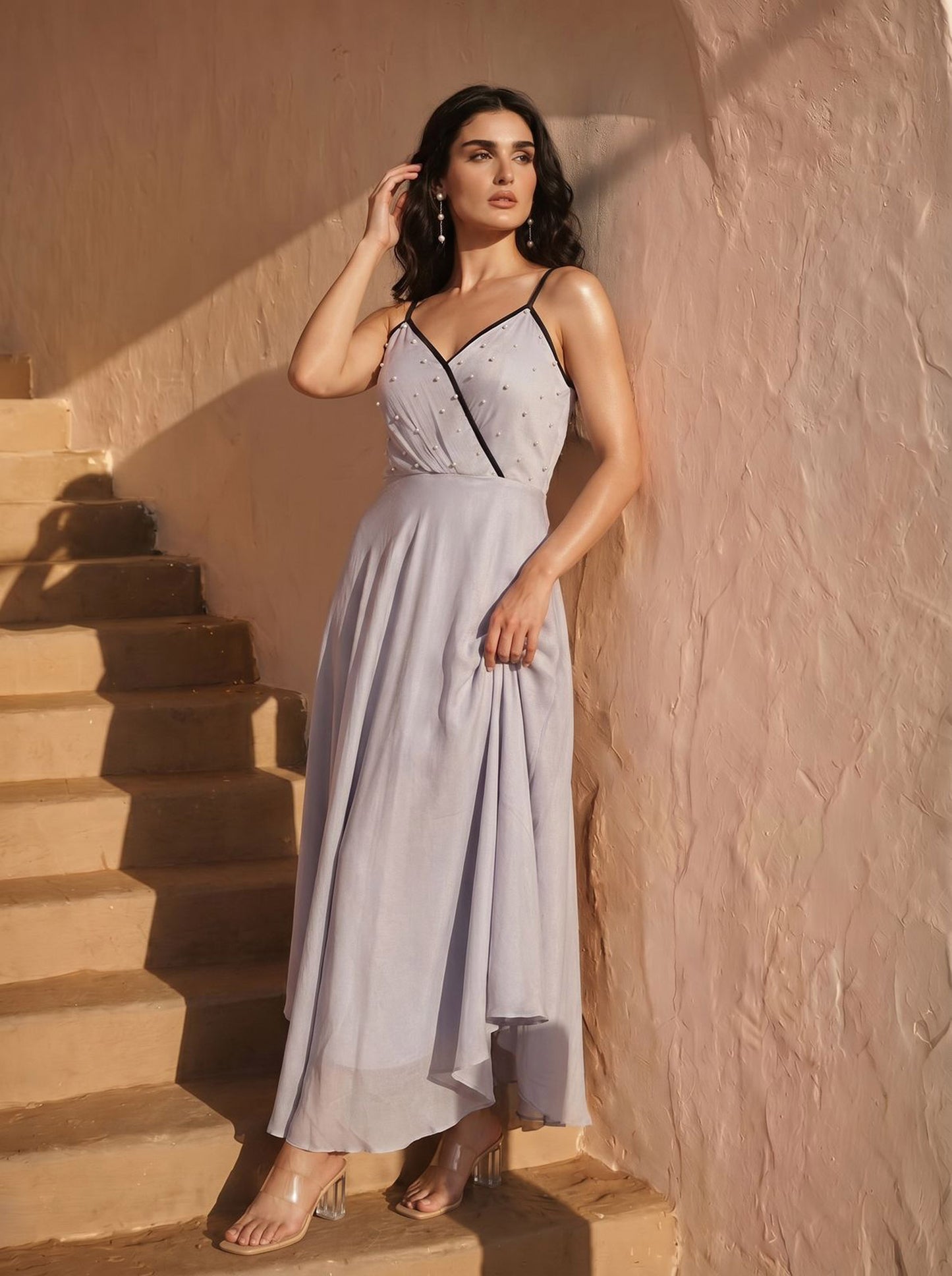 Silver Grey Chinon Pearl Hand Work Party Wear Asymmentrical Dress