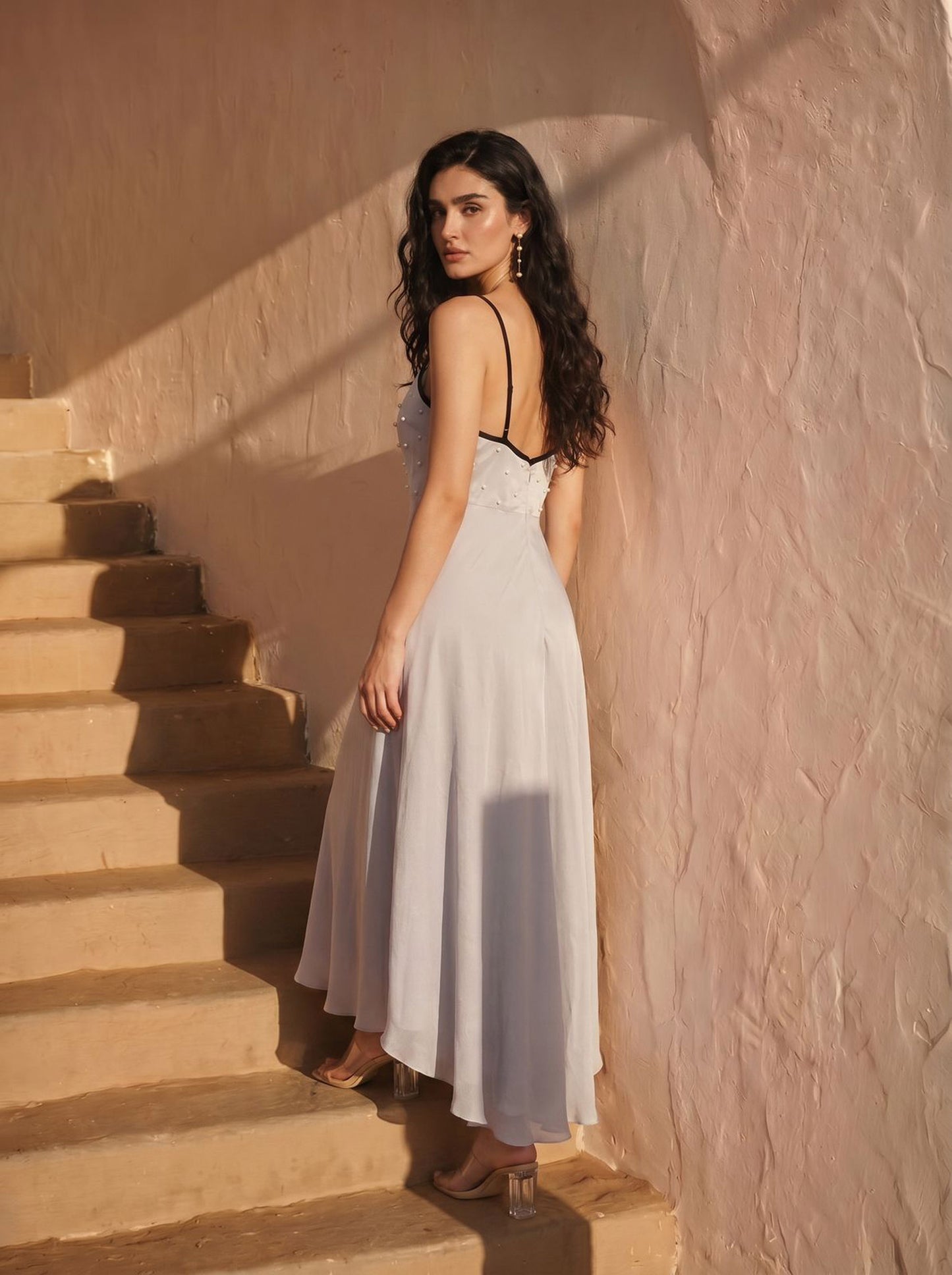 Silver Grey Chinon Pearl Hand Work Party Wear Asymmentrical Dress