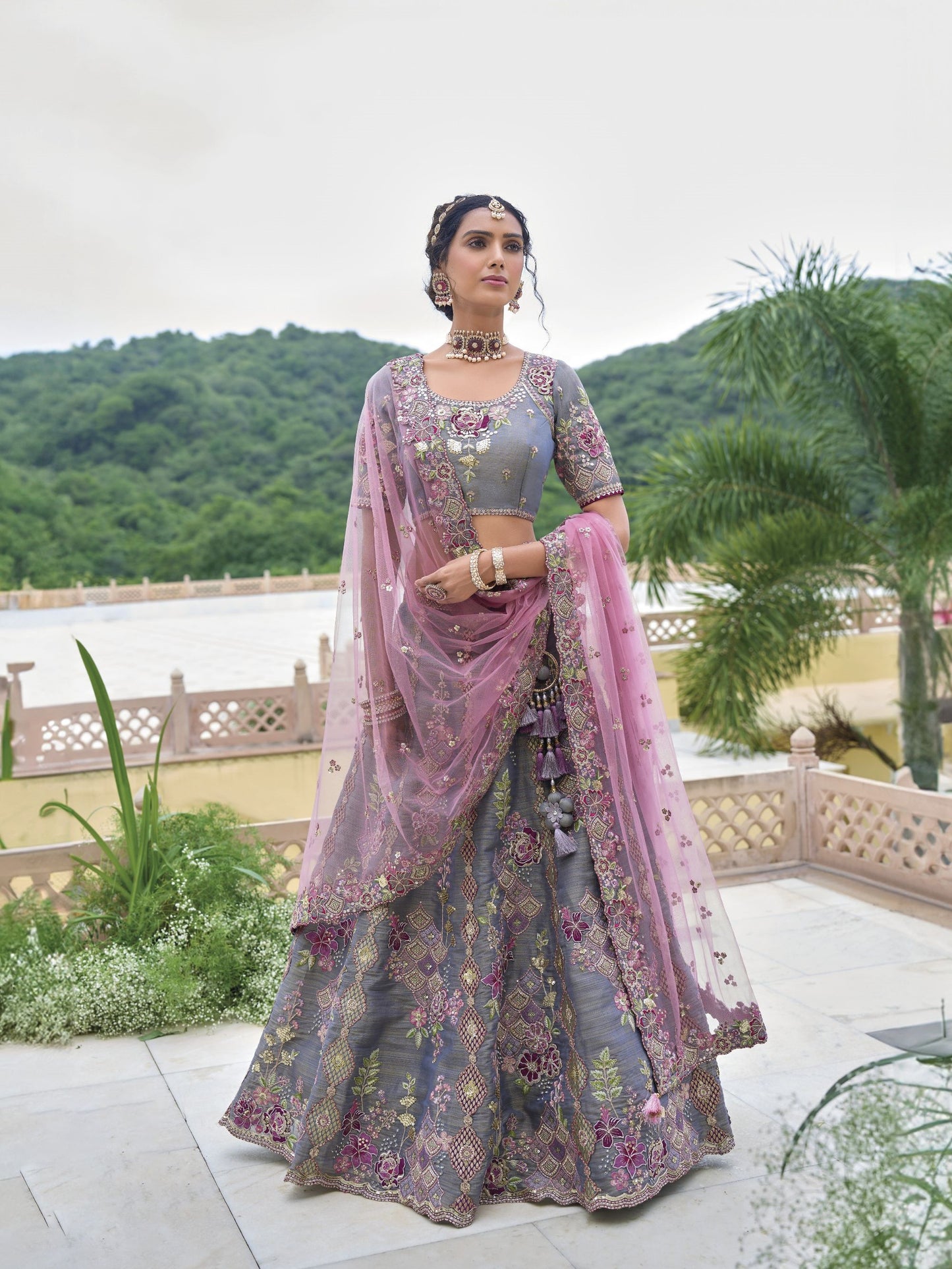 Grey Sequins and Floral Embroidery Silk Bridal Lehenga