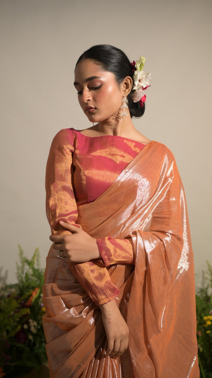 Gulmohar Mirage I Neon Orange Tissue Saree