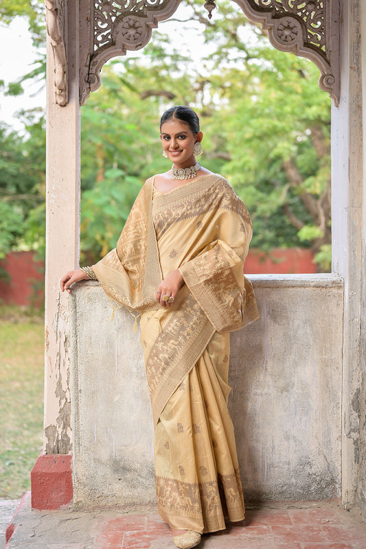 Cream Handloom Raw silk contrast woven Saree