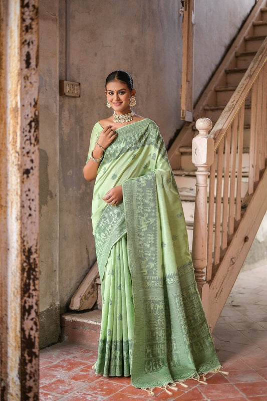 Pista Handloom Raw silk contrast woven Saree