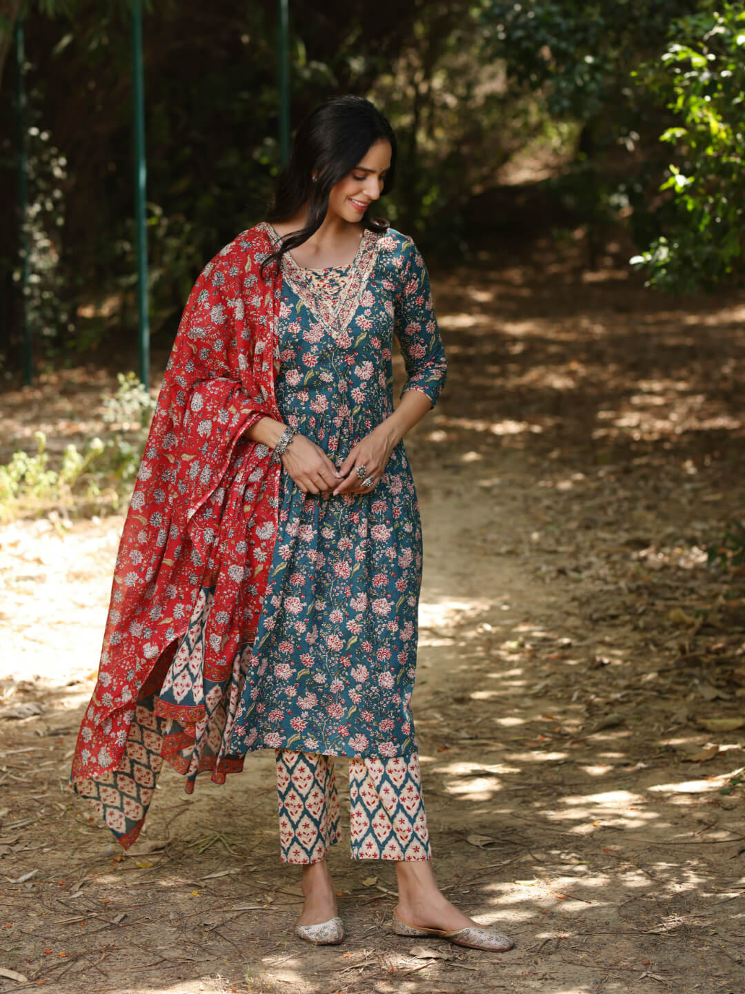 Titli - Floral Print Pure Cotton a-line Kurta Set With Mulmul Dupatta and Intricate Embroidery Work