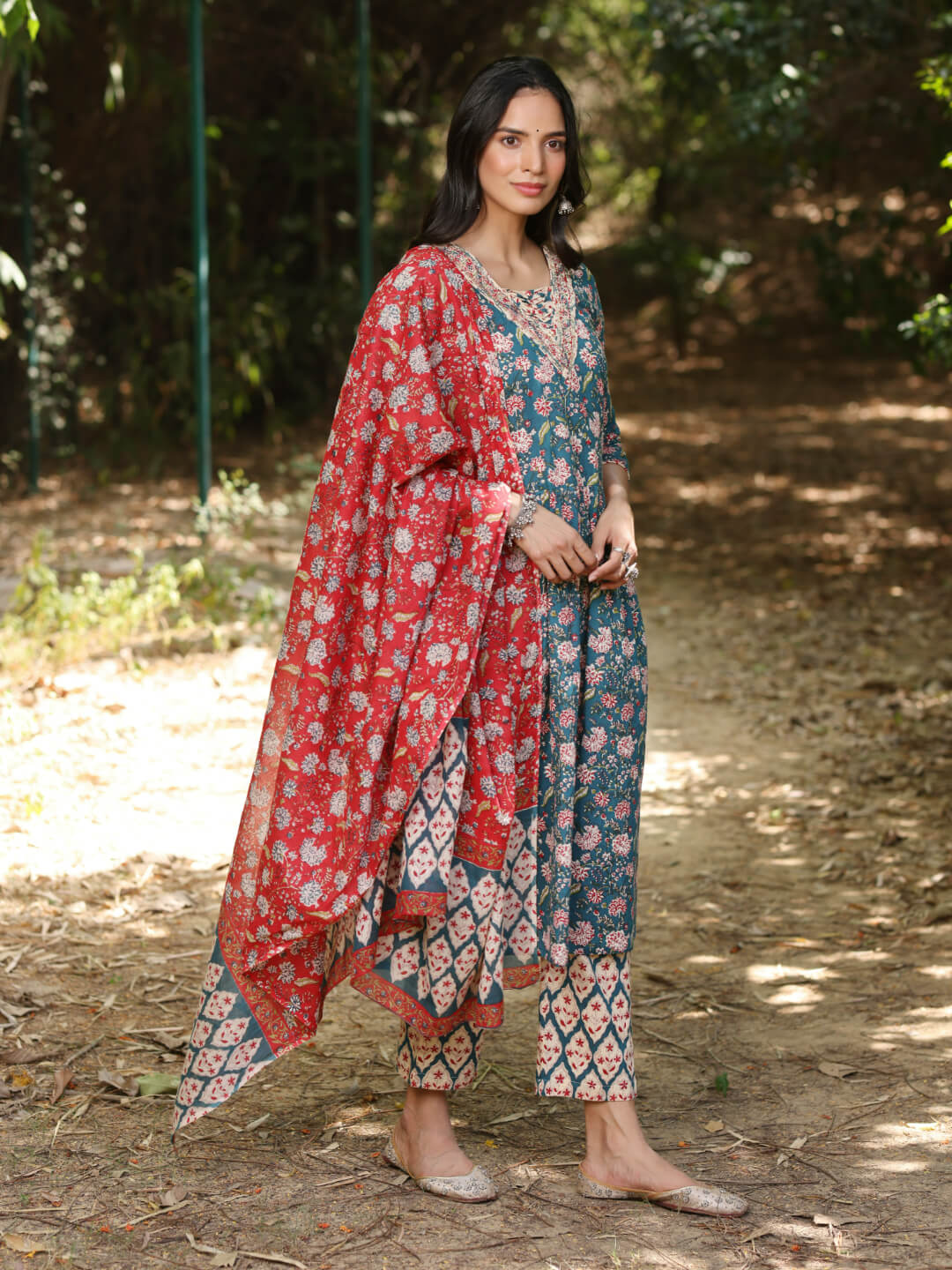 Titli - Floral Print Pure Cotton a-line Kurta Set With Mulmul Dupatta and Intricate Embroidery Work