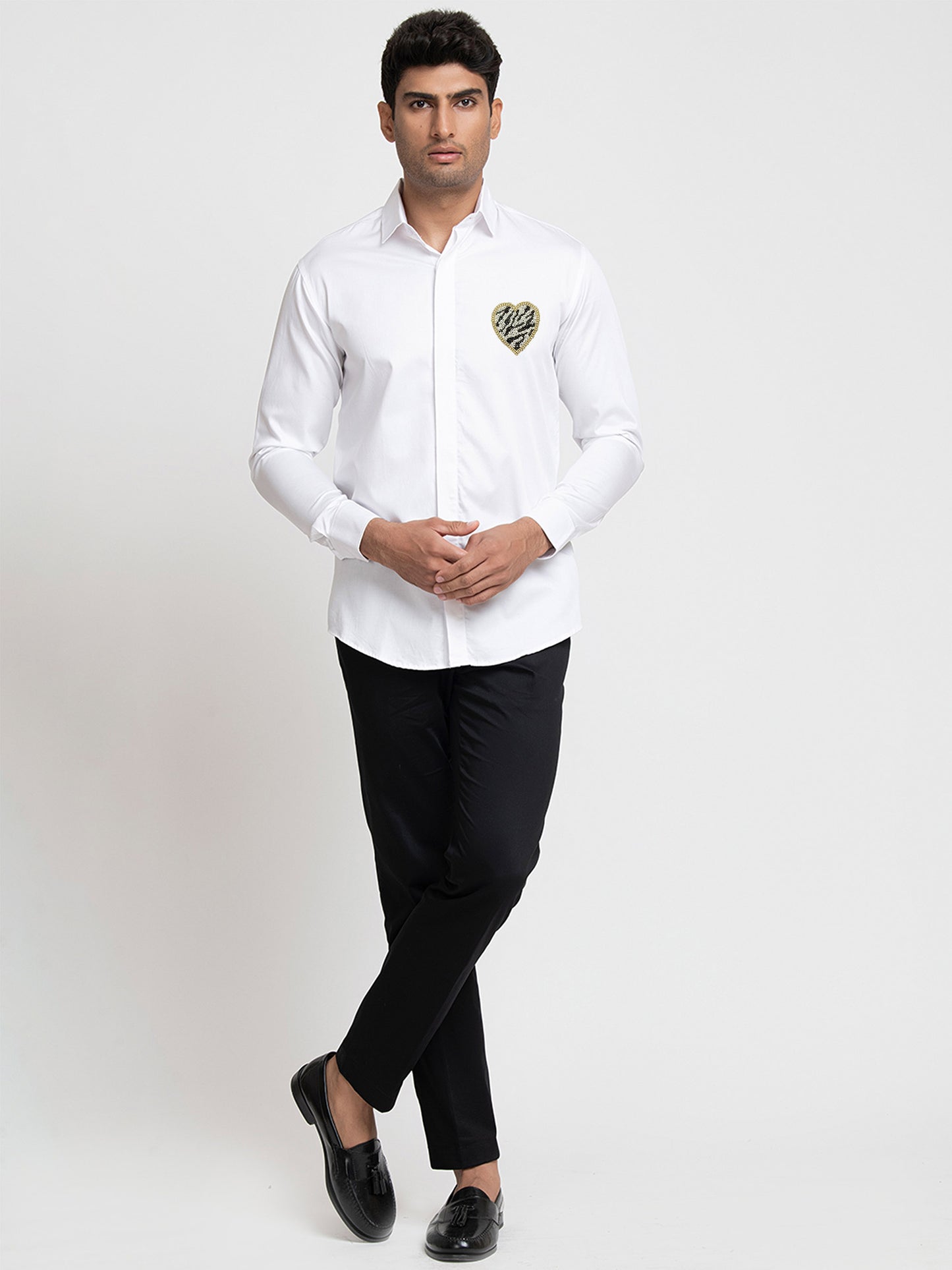 White Giza Cotton White and black heart shaped patch shirt