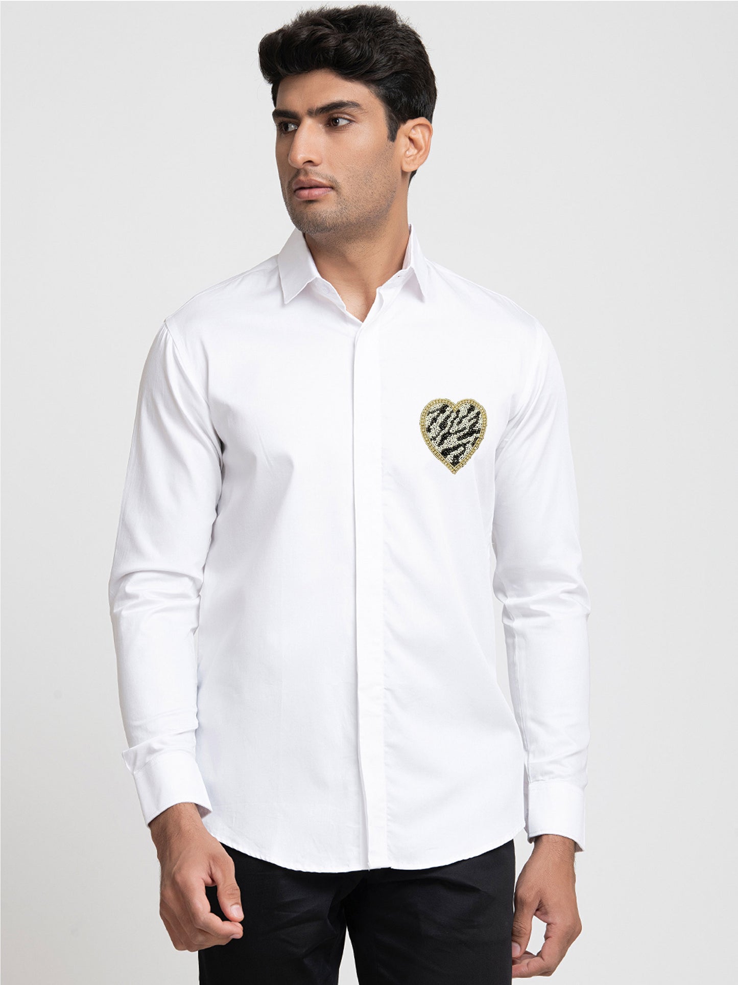 White Giza Cotton White and black heart shaped patch shirt