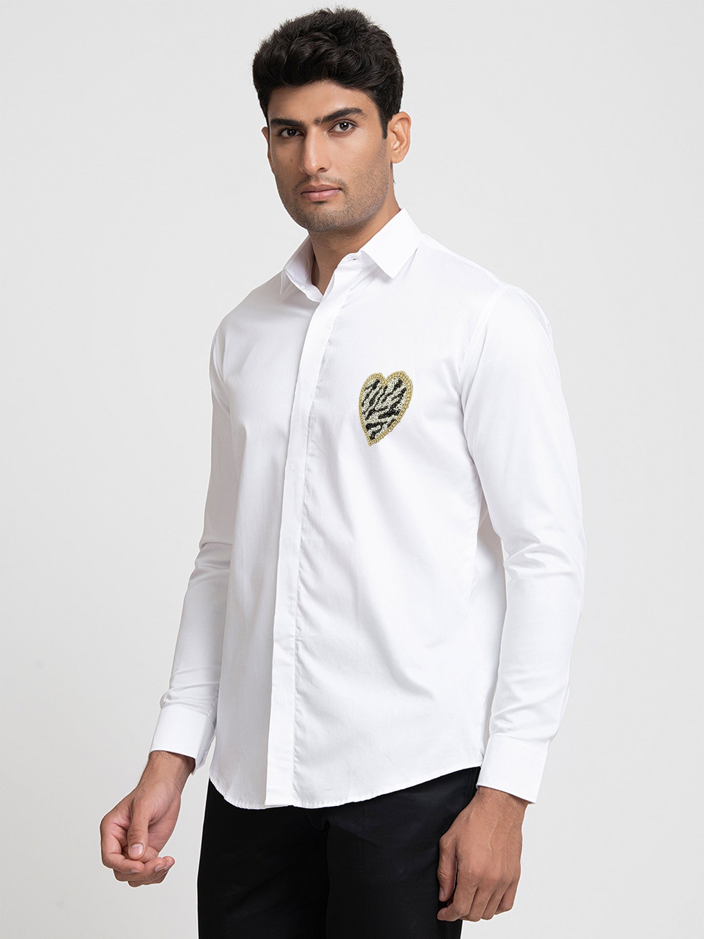 White Giza Cotton White and black heart shaped patch shirt