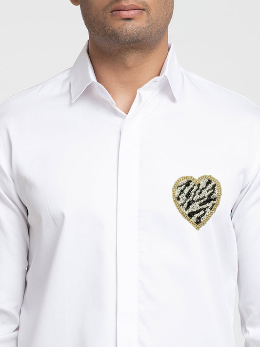 White Giza Cotton White and black heart shaped patch shirt