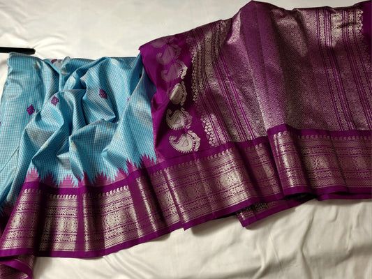 Blue with Purple Pallu Pure Gadwal Pattu handloom Saree