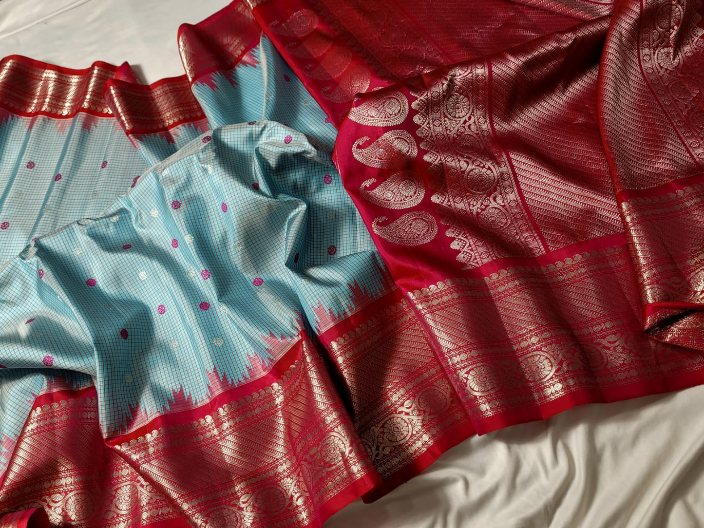 Blue with Red Pallu Pure Gadwal Pattu handloom Saree