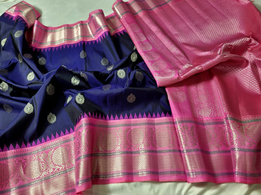 Blue with Baby Pink Pallu Pure Gadwal Pattu handloom Saree