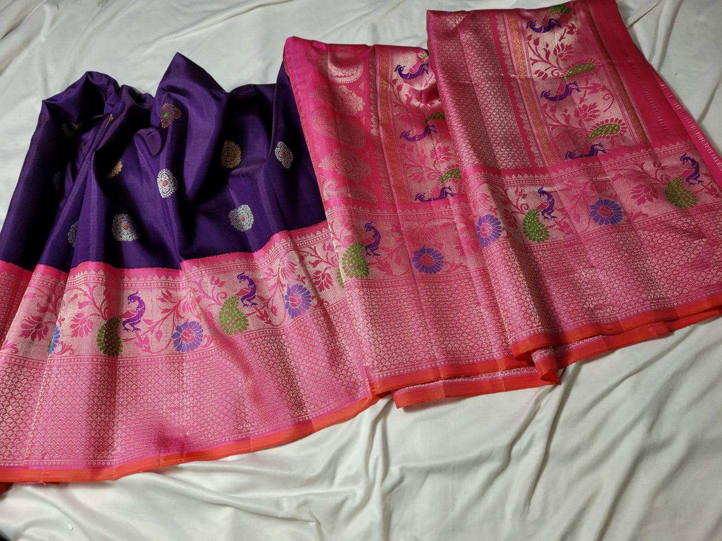 Dark Blue with Baby Pink Pallu with Peacock Motifs Pure Gadwal Pattu handloom Saree