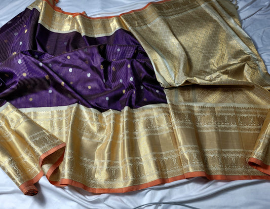 Purple with Ivory Gold Pallu Pure Gadwal Pattu handloom Saree
