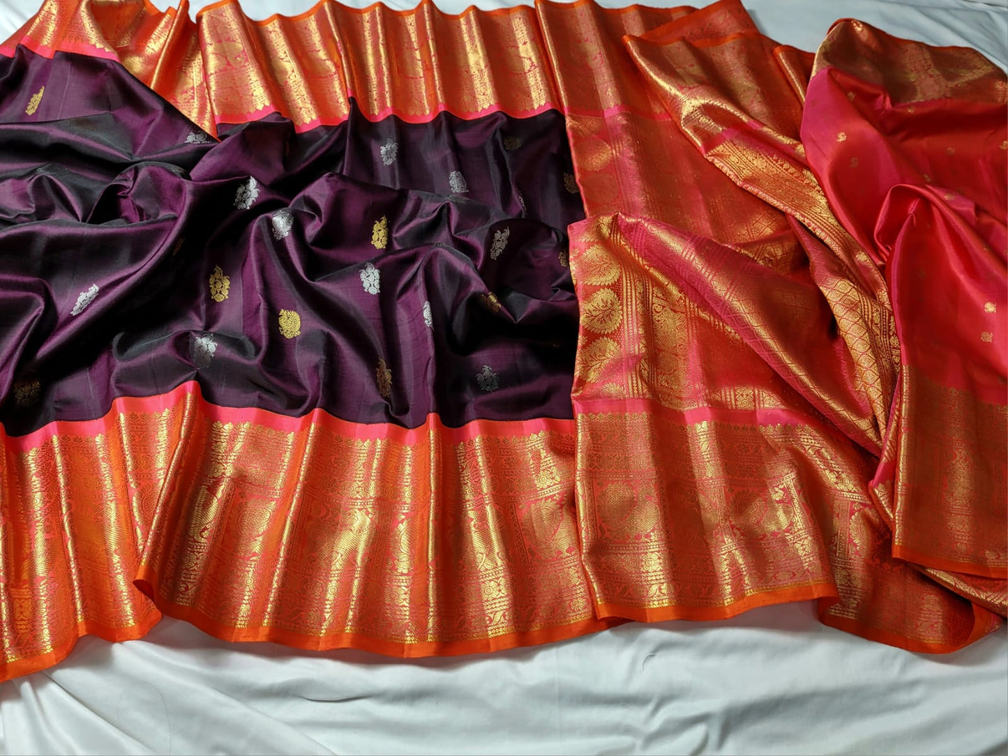 Wine Colored saree with Orange Pallu Pure Gadwal Pattu handloom Saree