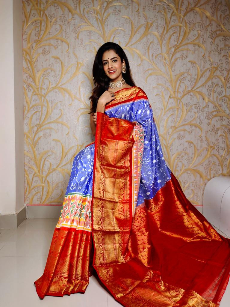 Blue and red Ikkat Pure Pochampally Handloom Saree