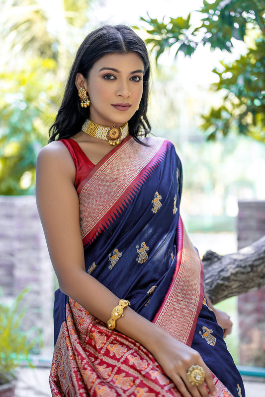 Navy Blue Handloom Bulchari Tussar silk Zari woven Meenakari Saree