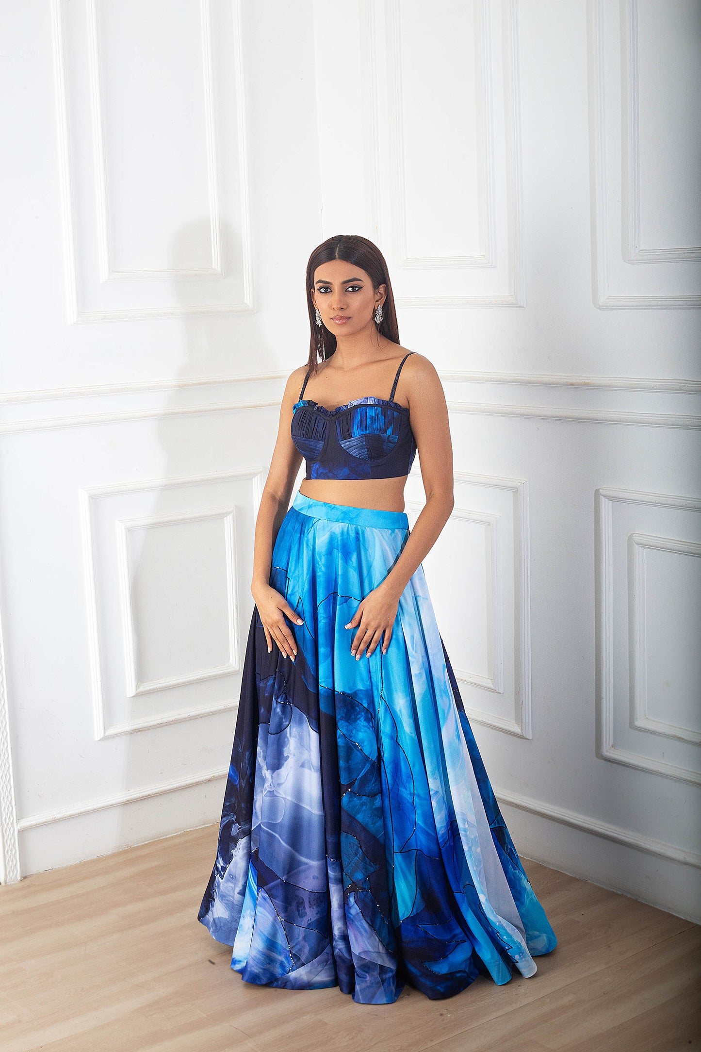 Blue Crepe Quilted with Printed Skirt Set