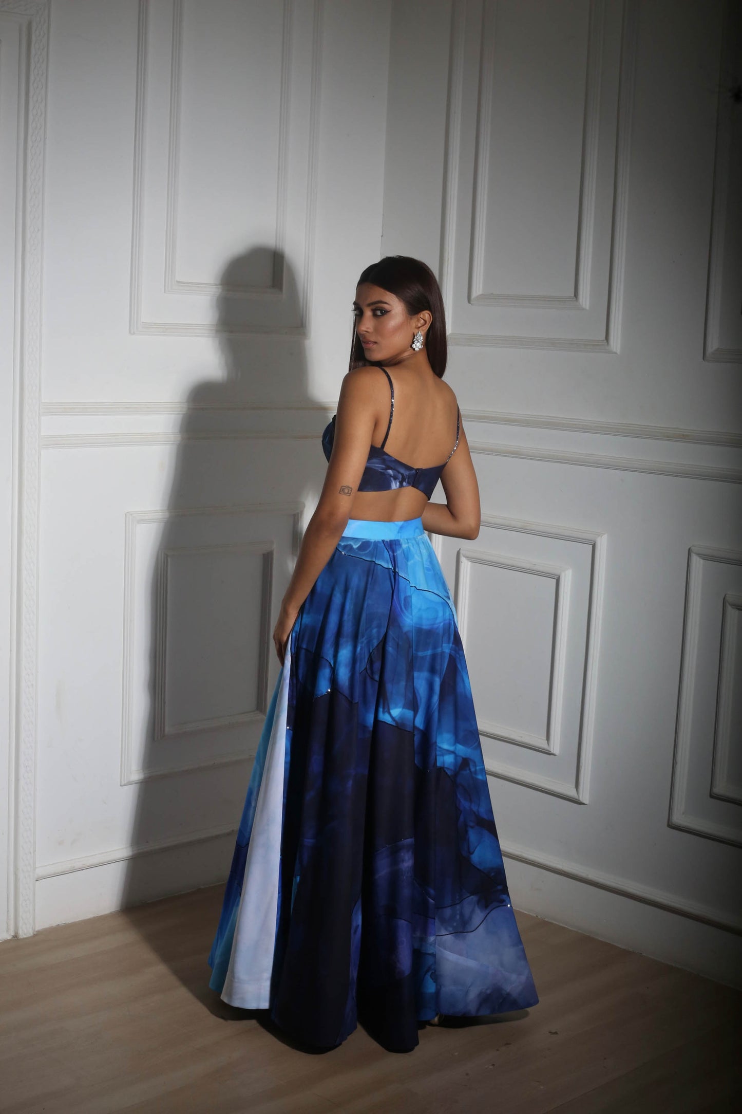 Blue Crepe Quilted with Printed Skirt Set