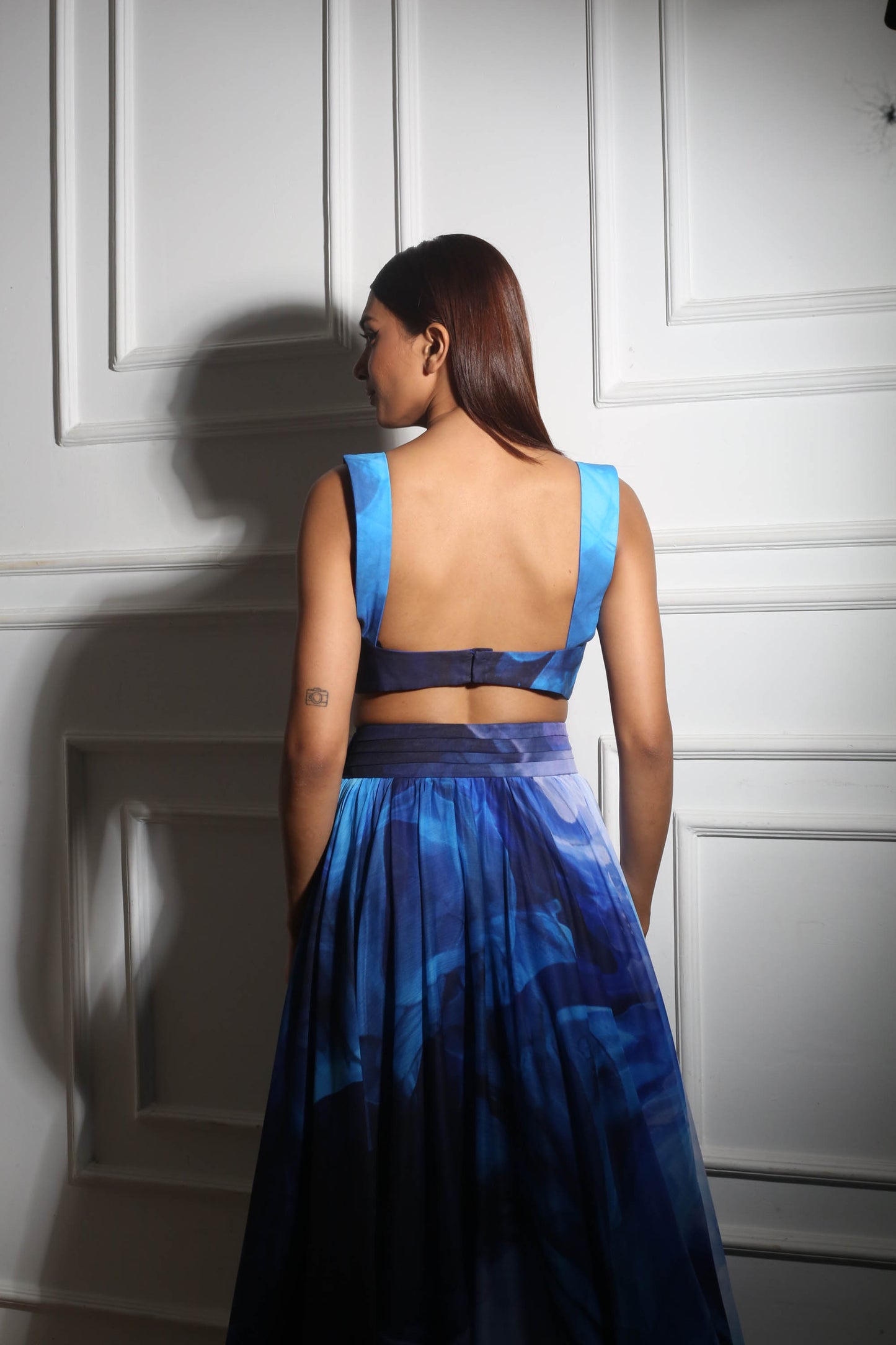 Blue Chiffon Printed Slit Skirt Set