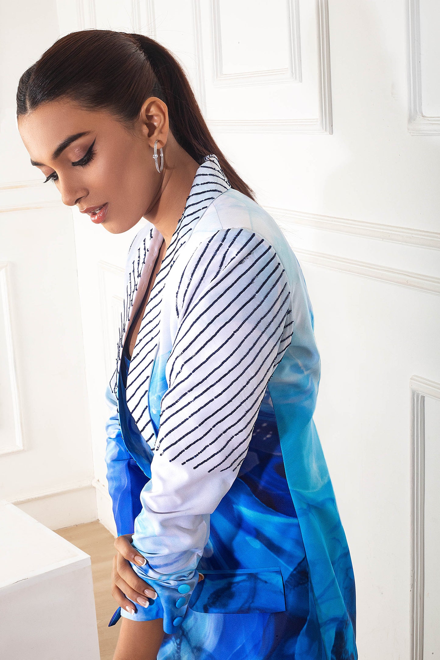 Blue Soft net Printed Blazer Set