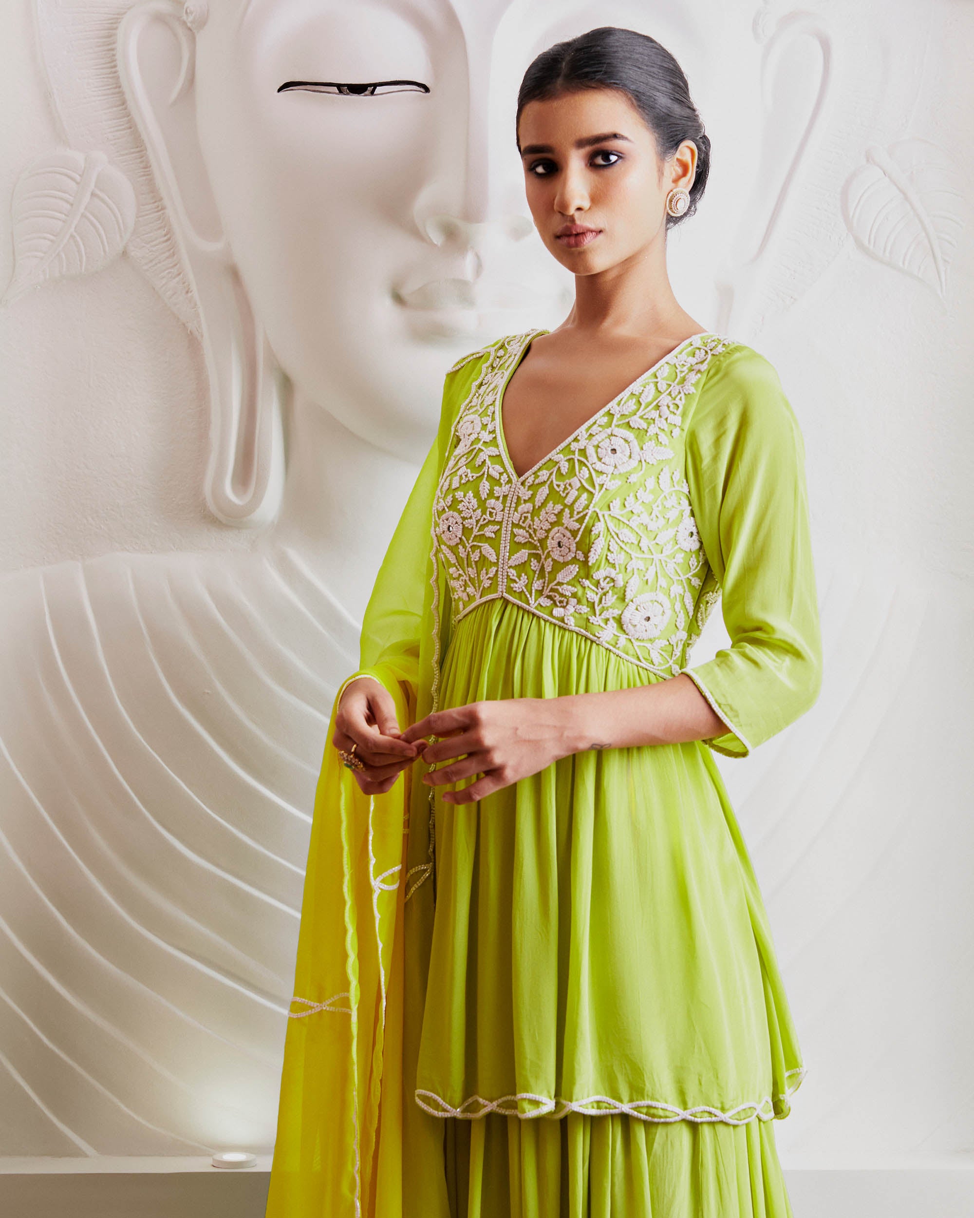 Buy Parrot Green Straight Cut Kurti In Cotton Silk With Floral Print And  Sequin Embellished Yoke KALKI Fashion India