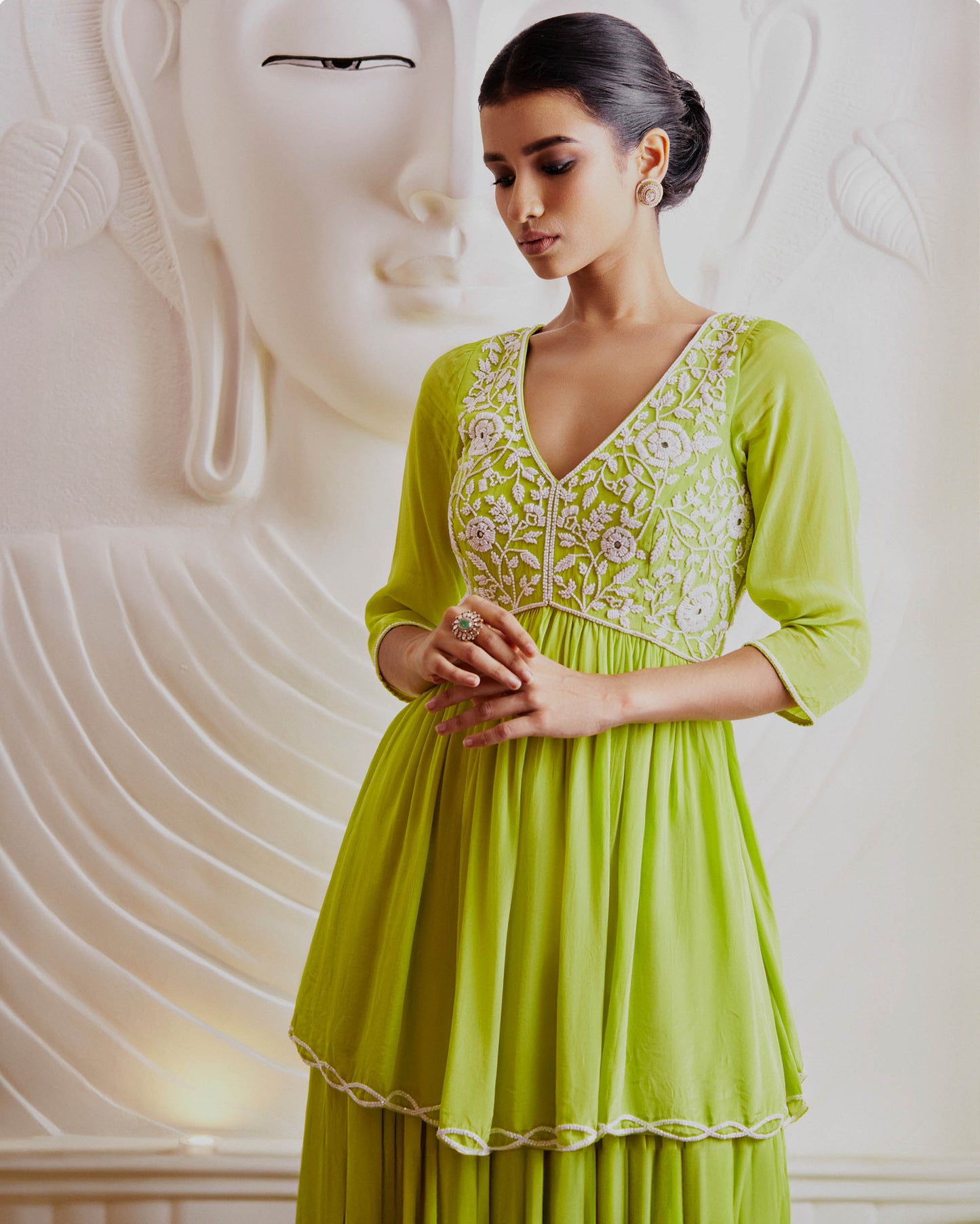 Parrot Green Crepe Hand Embroidered Kurti Set