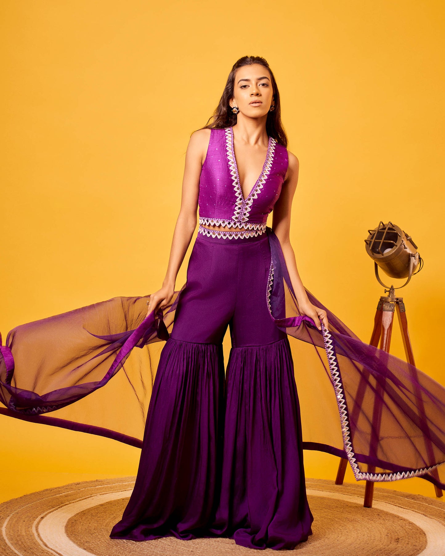Purple Silk Mirror-work Sharara Set