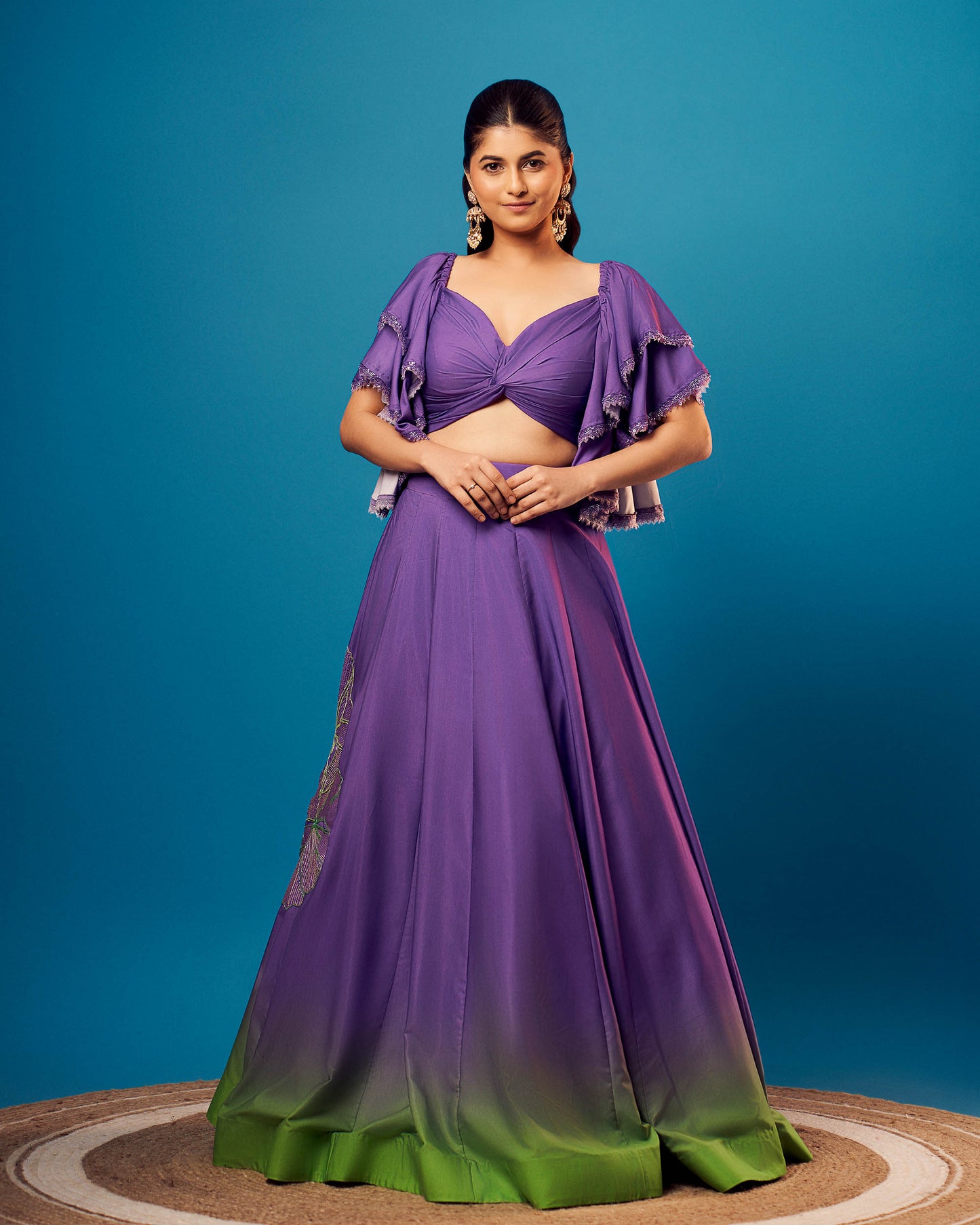 Purple-Green Ombre French Crepe Off-Shoulder Set