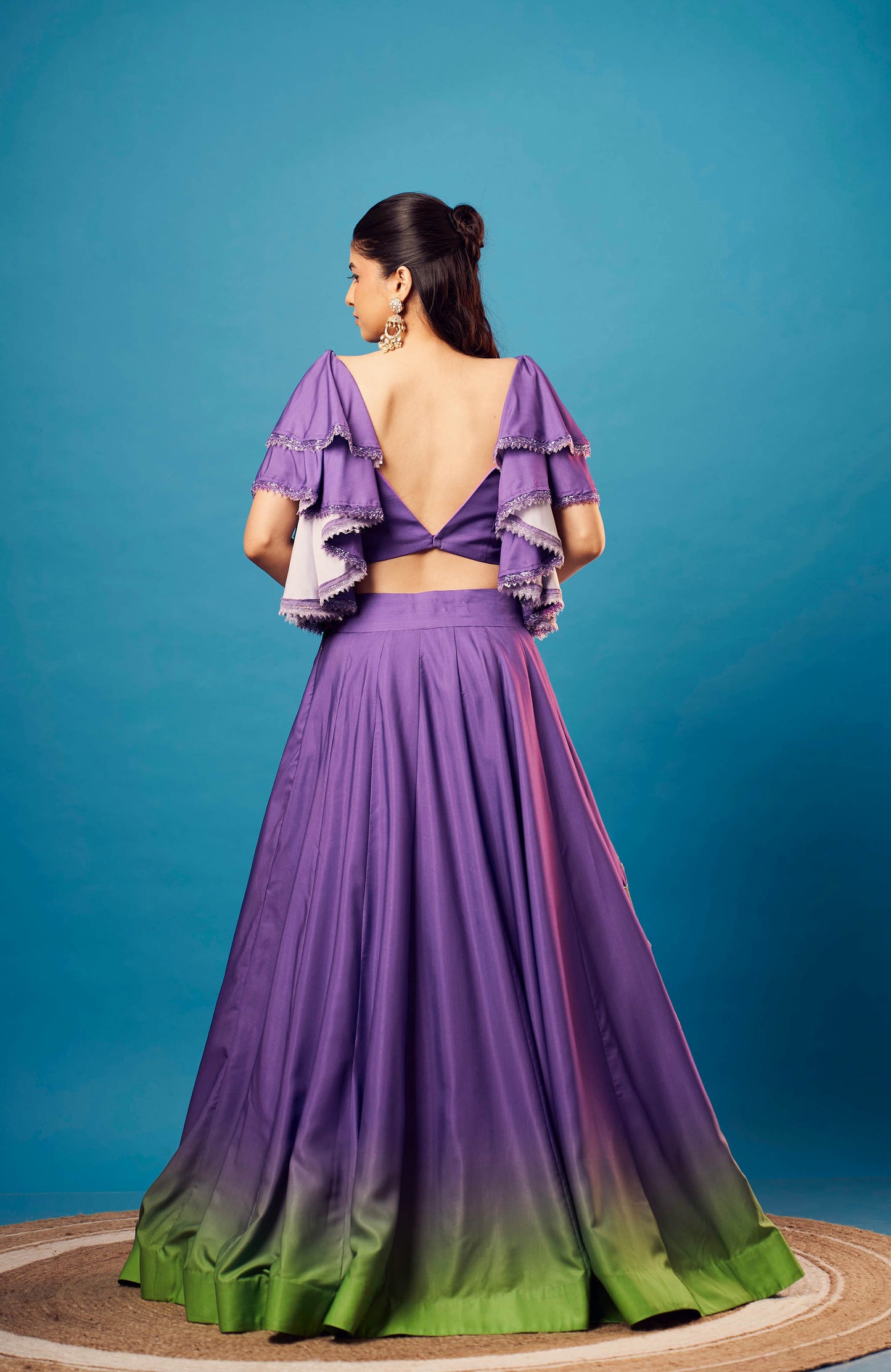 Purple-Green Ombre French Crepe Off-Shoulder Set