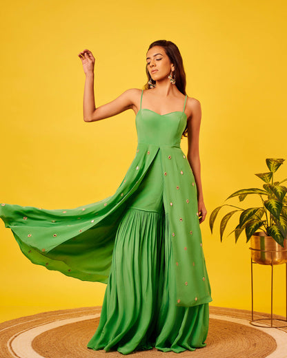 Light Green Crepe Mirror-work Long Top Sharara Set