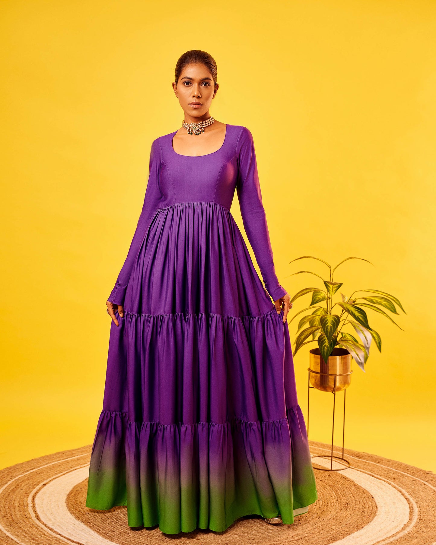Purple-Green Ombre French Crepe Tiered Anarkali Set