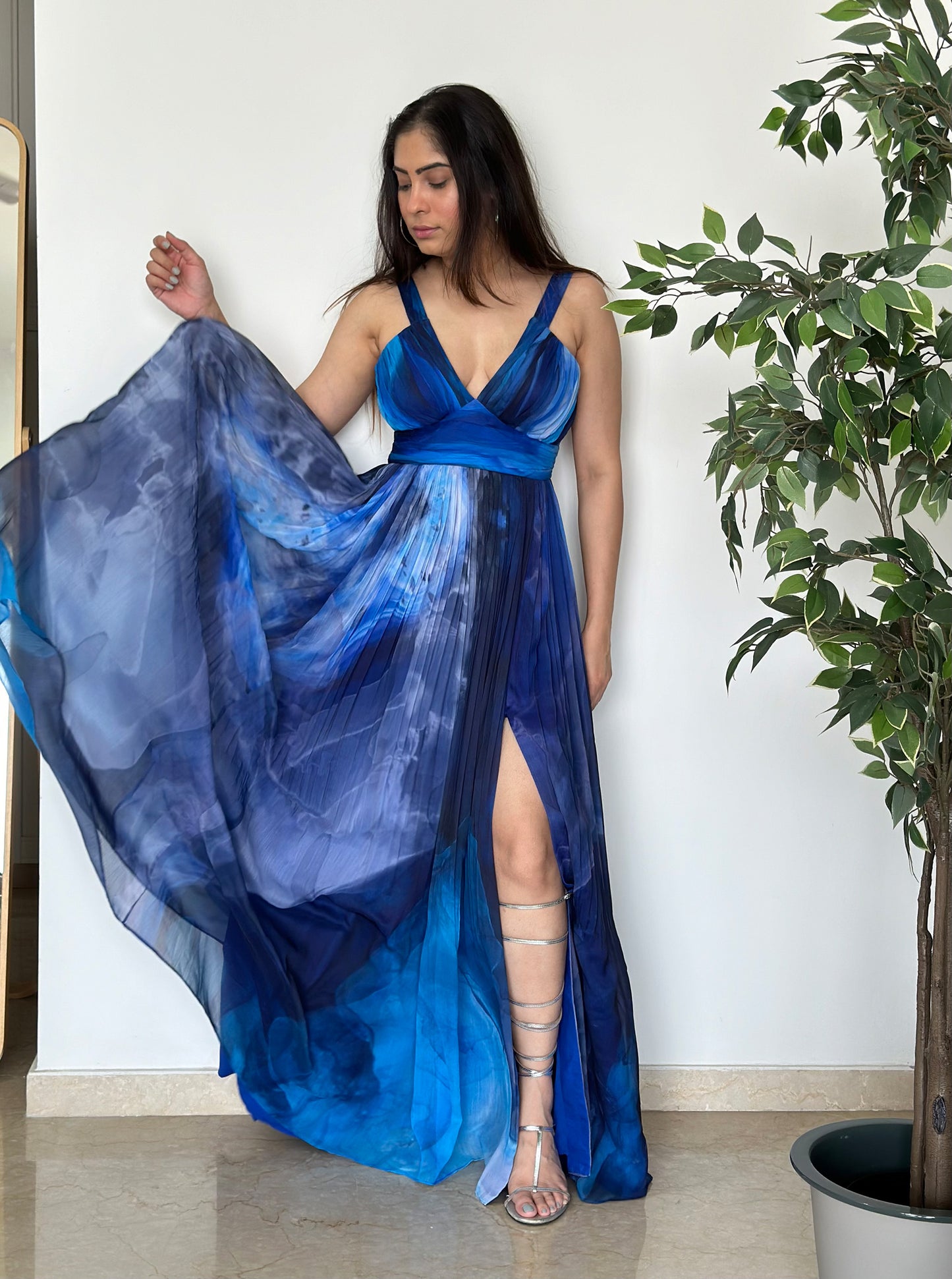 Blue Printed Chiffon Party wear Long Dress