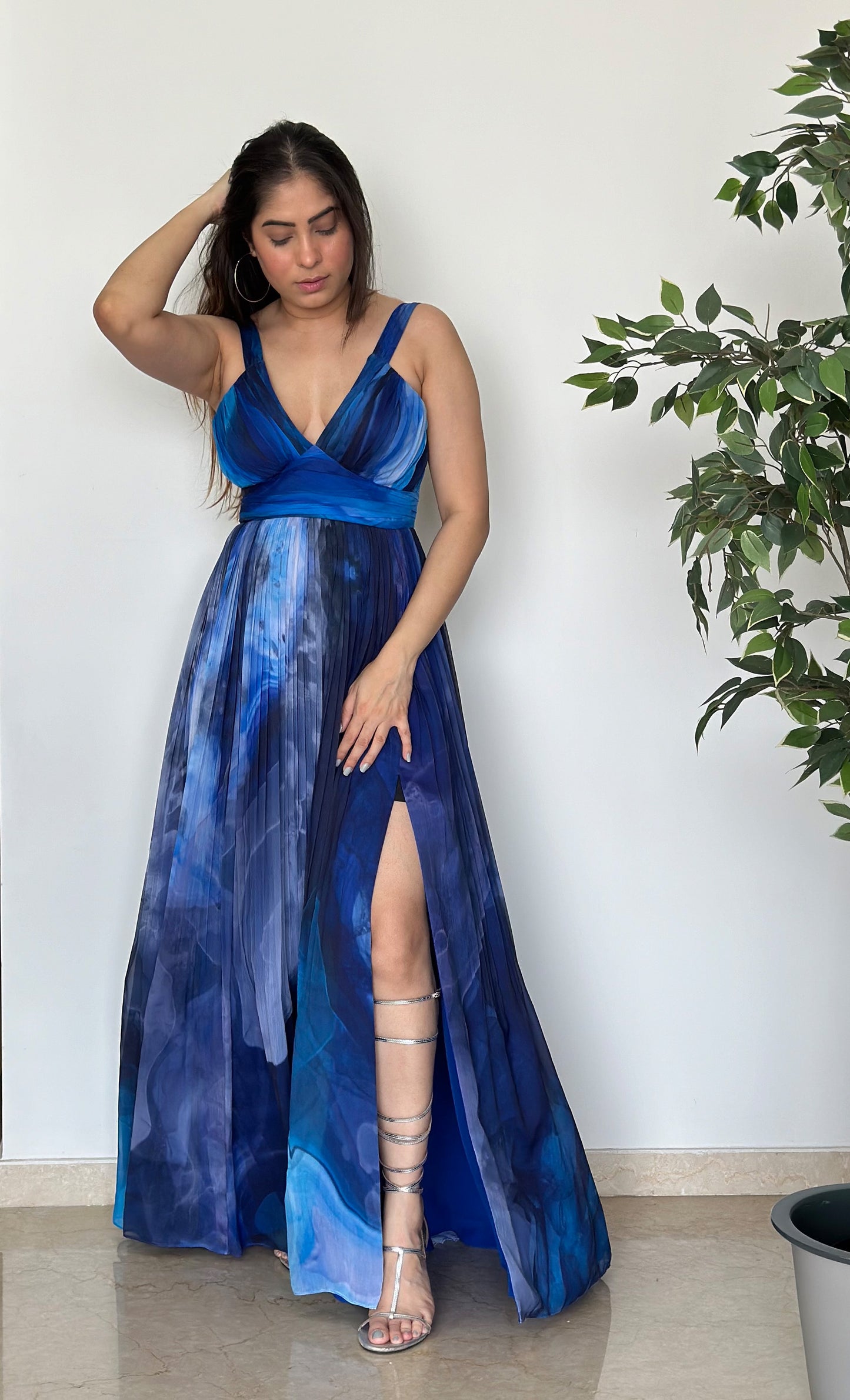 Blue Printed Chiffon Party wear Long Dress