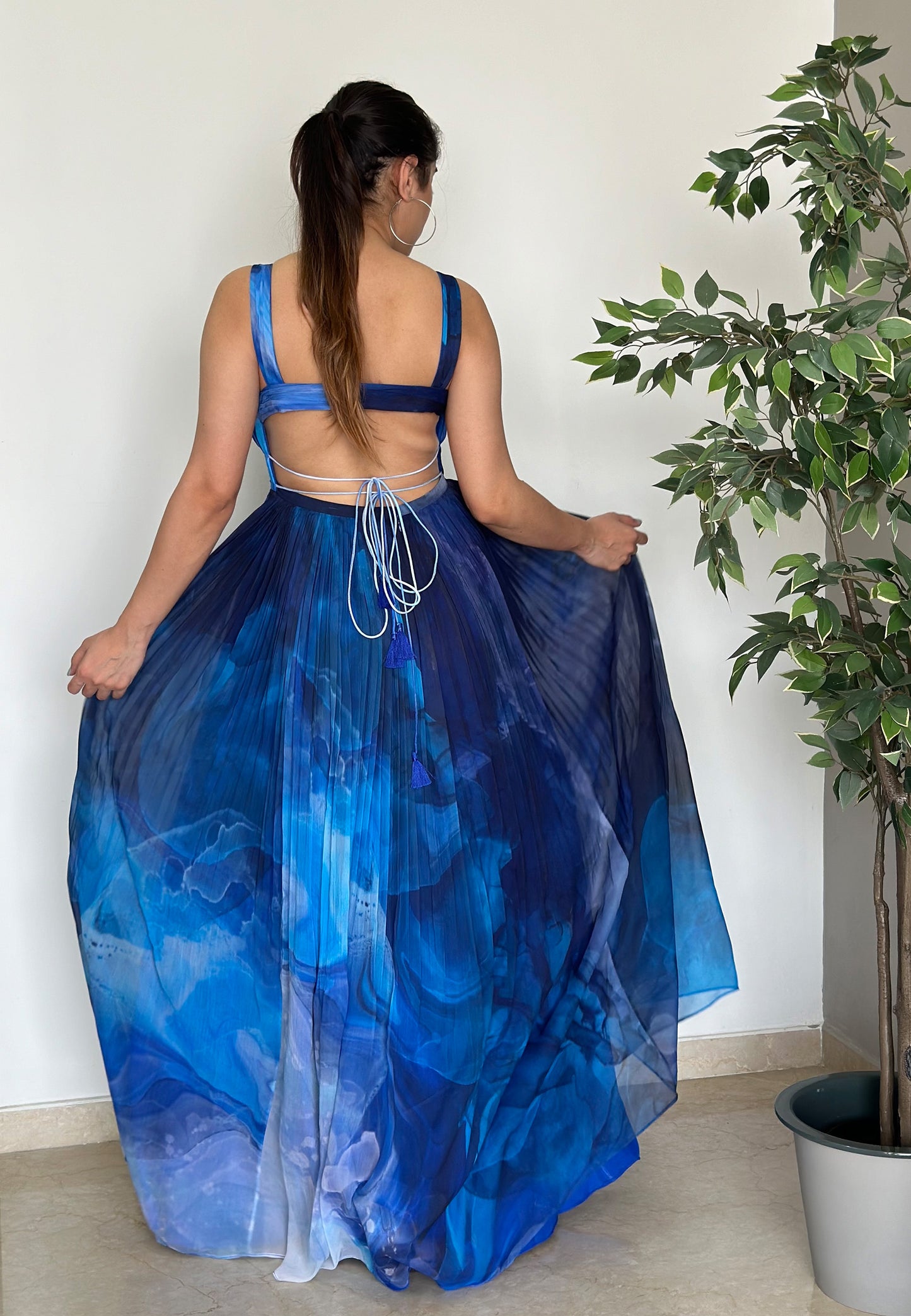 Blue Printed Chiffon Party wear Long Dress