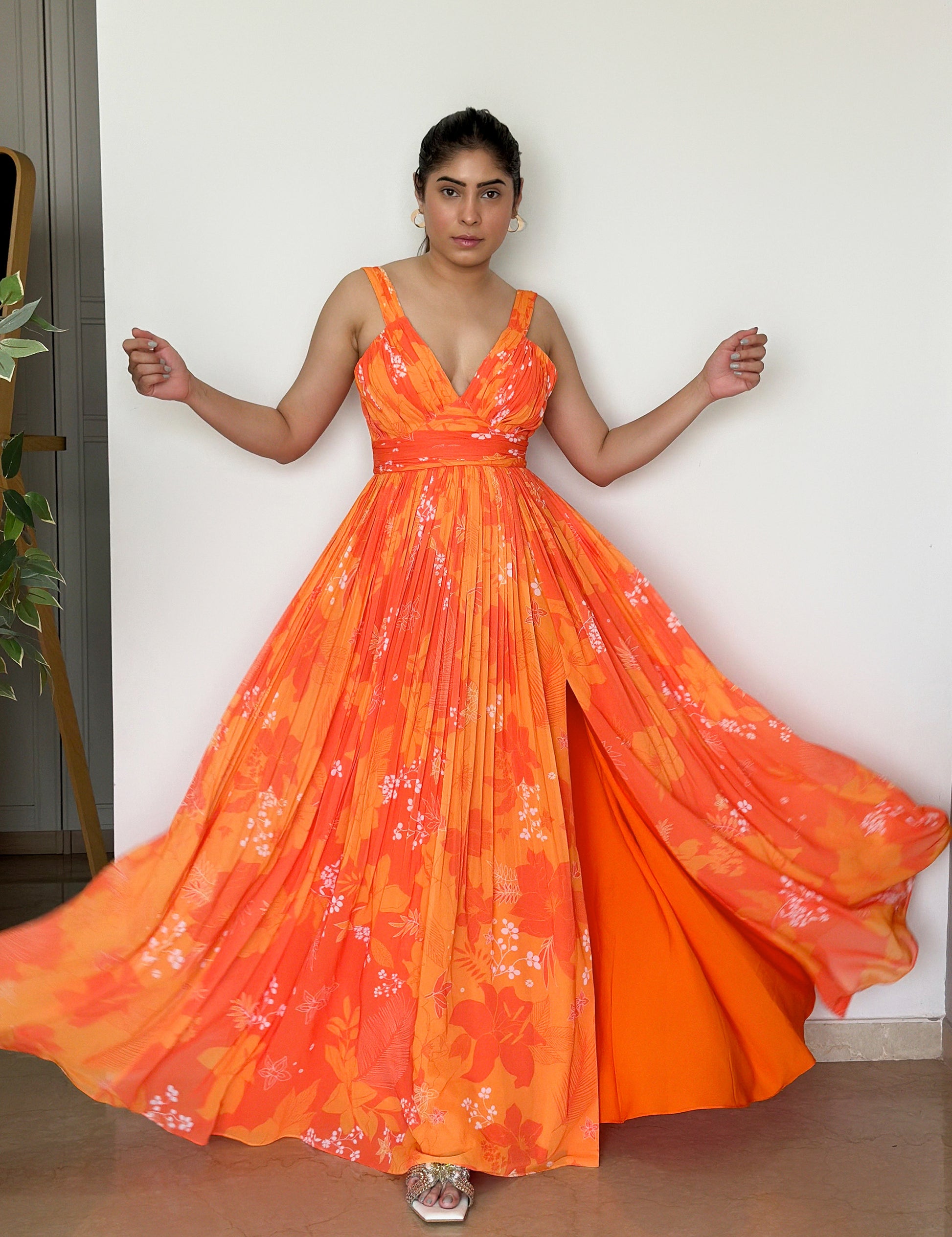 Yellow & Orange Georgette Printed Party wear Long Dress – Mohi fashion Yellow & Orange Georgette Printed Party wear Long Dress – Mohi fashion