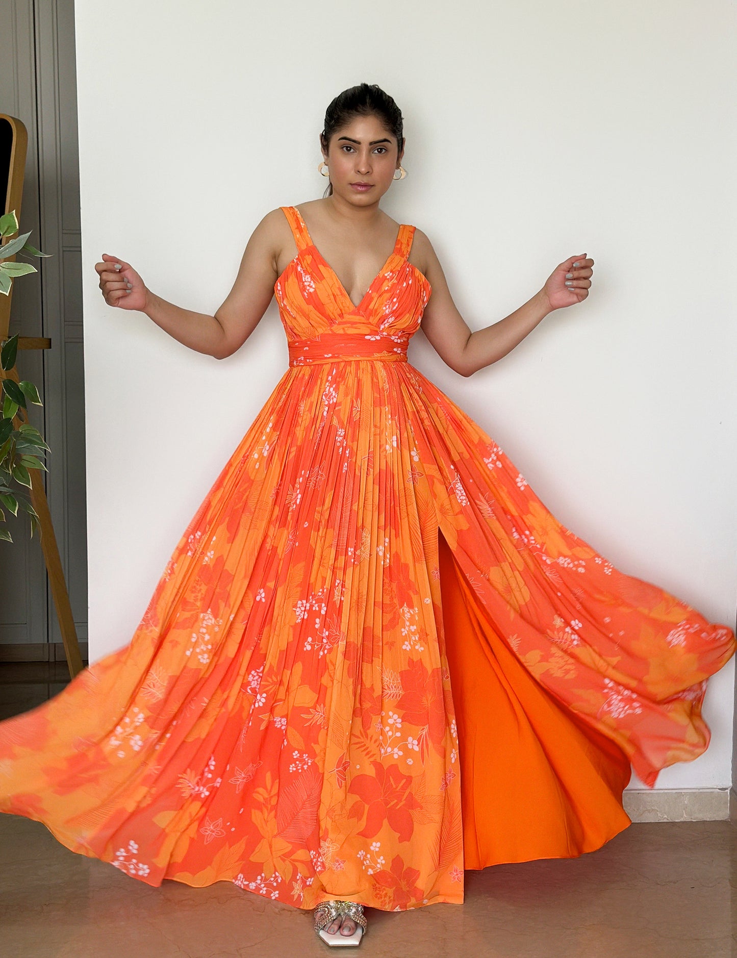 Yellow & Orange Georgette Printed Party wear Long Dress