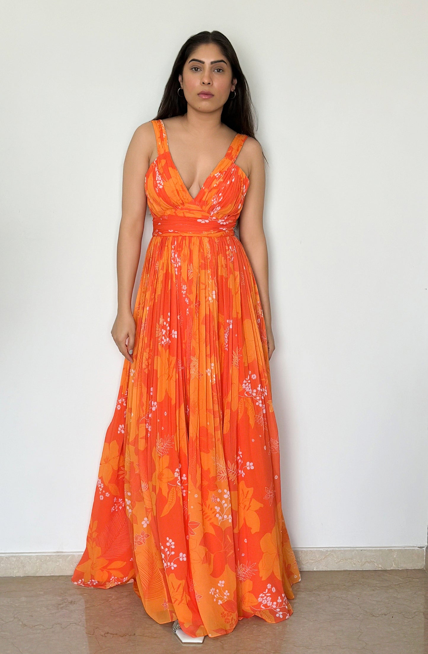 Yellow & Orange Georgette Printed Party wear Long Dress