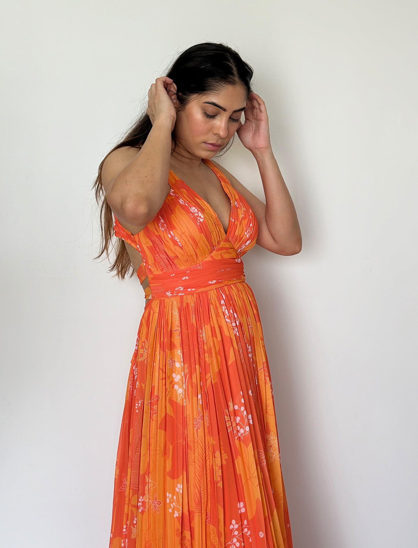 Yellow & Orange Georgette Printed Party wear Long Dress